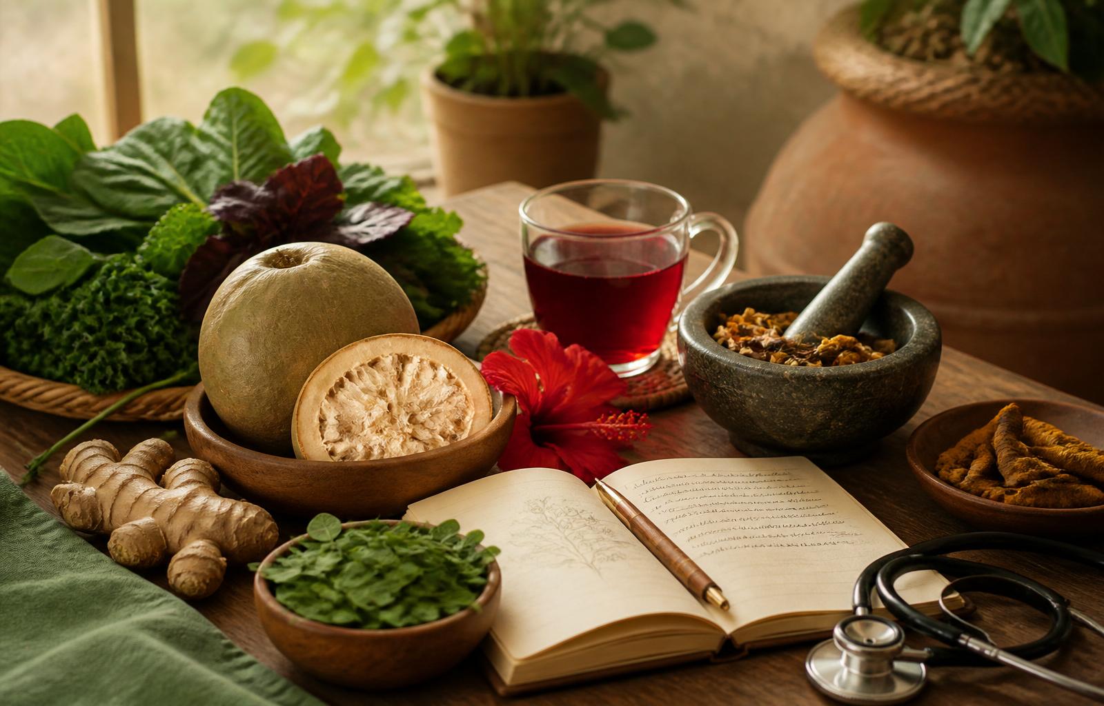 Herbs, roots and a glass of herbal tea on warm linen
